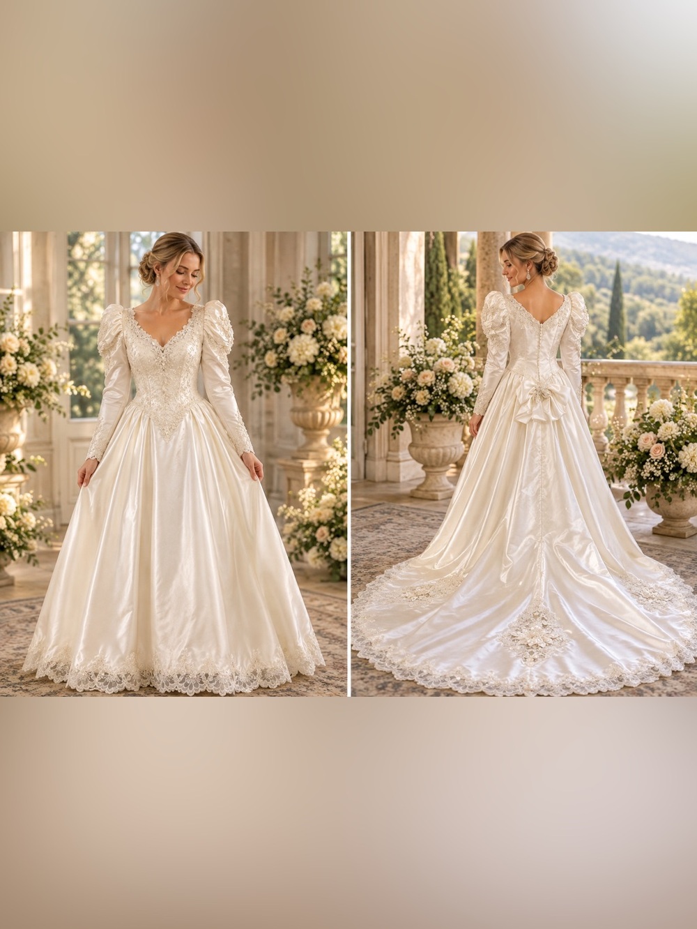 Ivory Long Sleeve Lace-Trim Bridal Ball Gown Dress